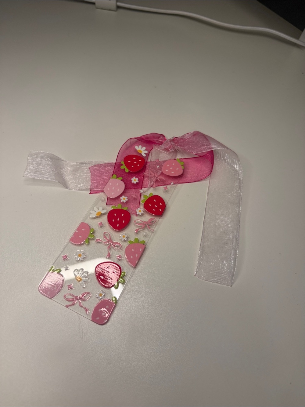 Pink Strawberry Ribbon Bookmark for Kids - Cute Decorative Accessory